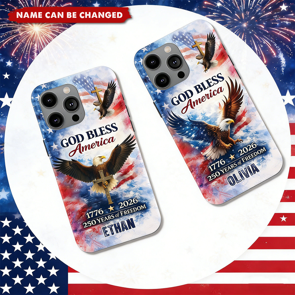 Personalized Patriotic 250th Anniversary God Bless America Phone Case With Name & Eagle Design | 2026 Independence Day Gift For Proud Americans