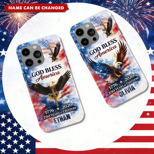 Personalized Patriotic 250th Anniversary God Bless America Phone Case With Name & Eagle Design | 2026 Independence Day Gift For Proud Americans