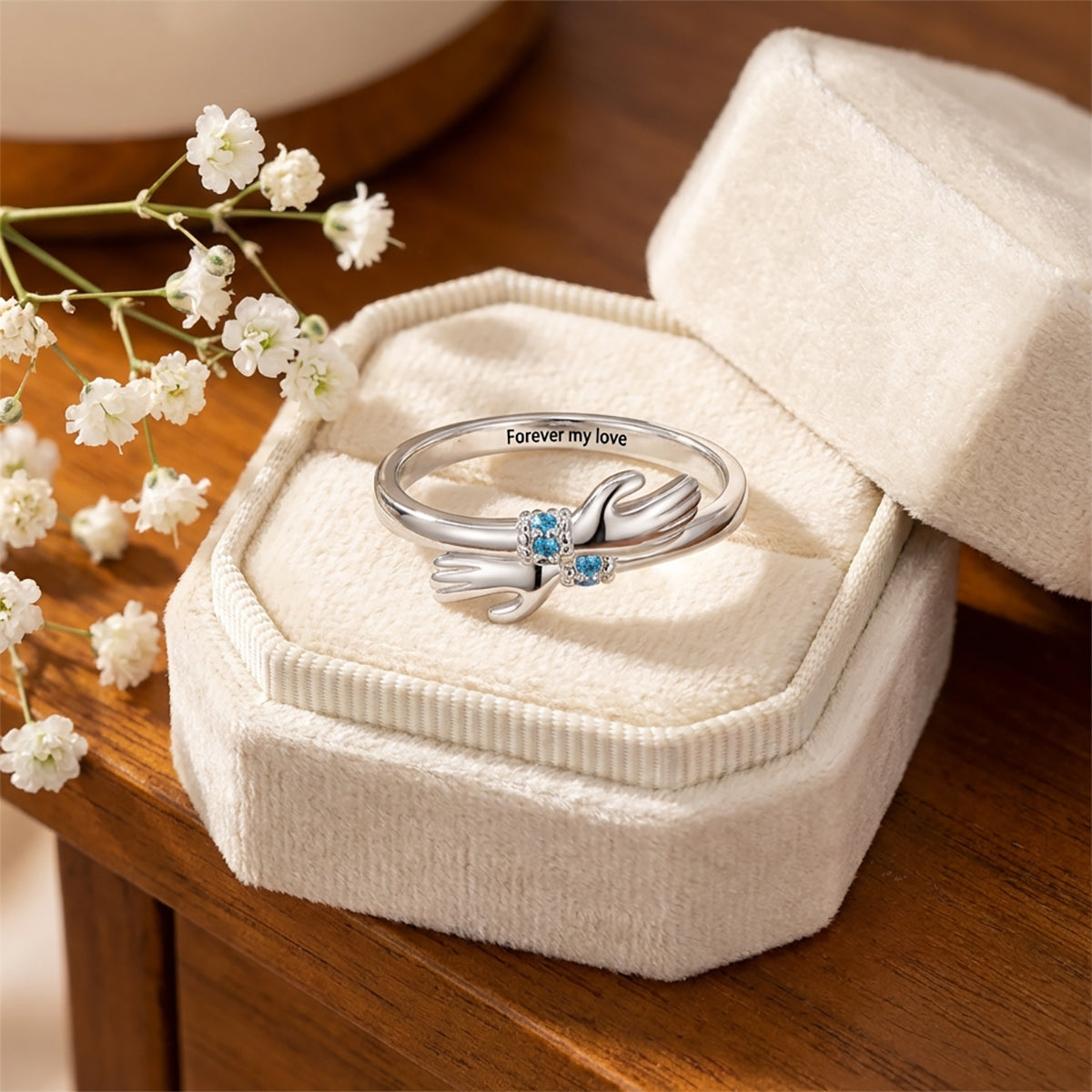 Personalized Birthstone Hug Ring With Text | Birthday Anniversary Valentine's Day Gift For Her