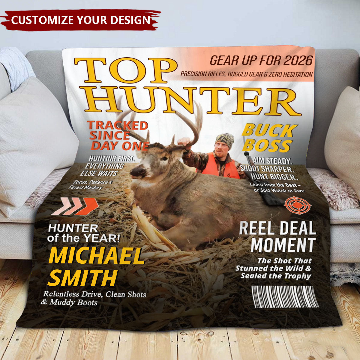 Personalized "Top Hunter" Magazine Cover Blanket With Photo & Name & Tagline - Ultimate Christmas Hunting Gift For Dad Husband Friend