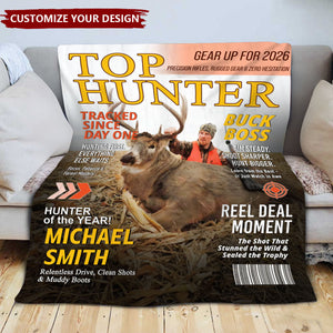 Personalized "Top Hunter" Magazine Cover Blanket With Photo & Name & Tagline - Ultimate Christmas Hunting Gift For Dad Husband Friend