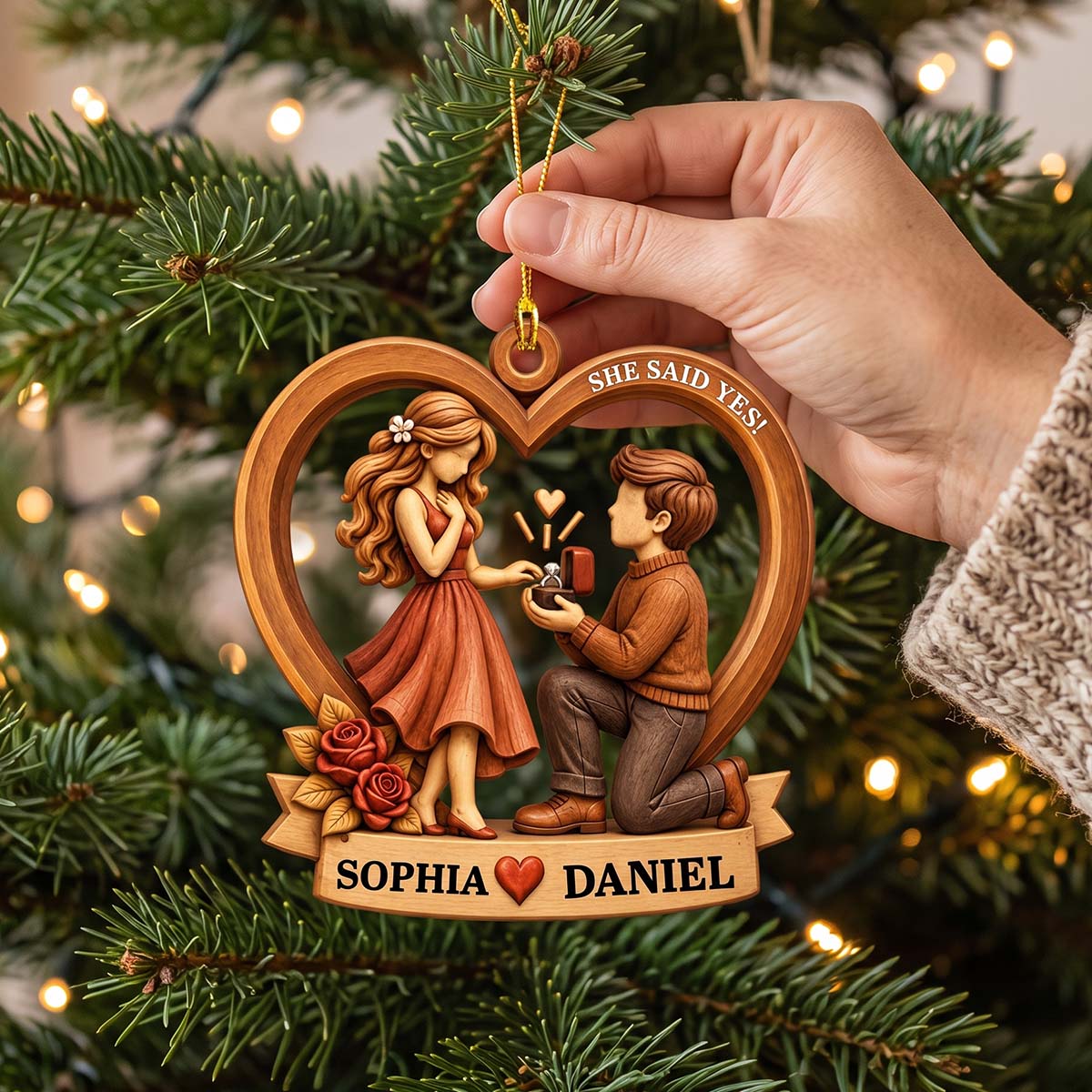 She Said Yes - Personalized Heart Acrylic Ornament Romantic Christmas Gift For Newly Engaged Couples