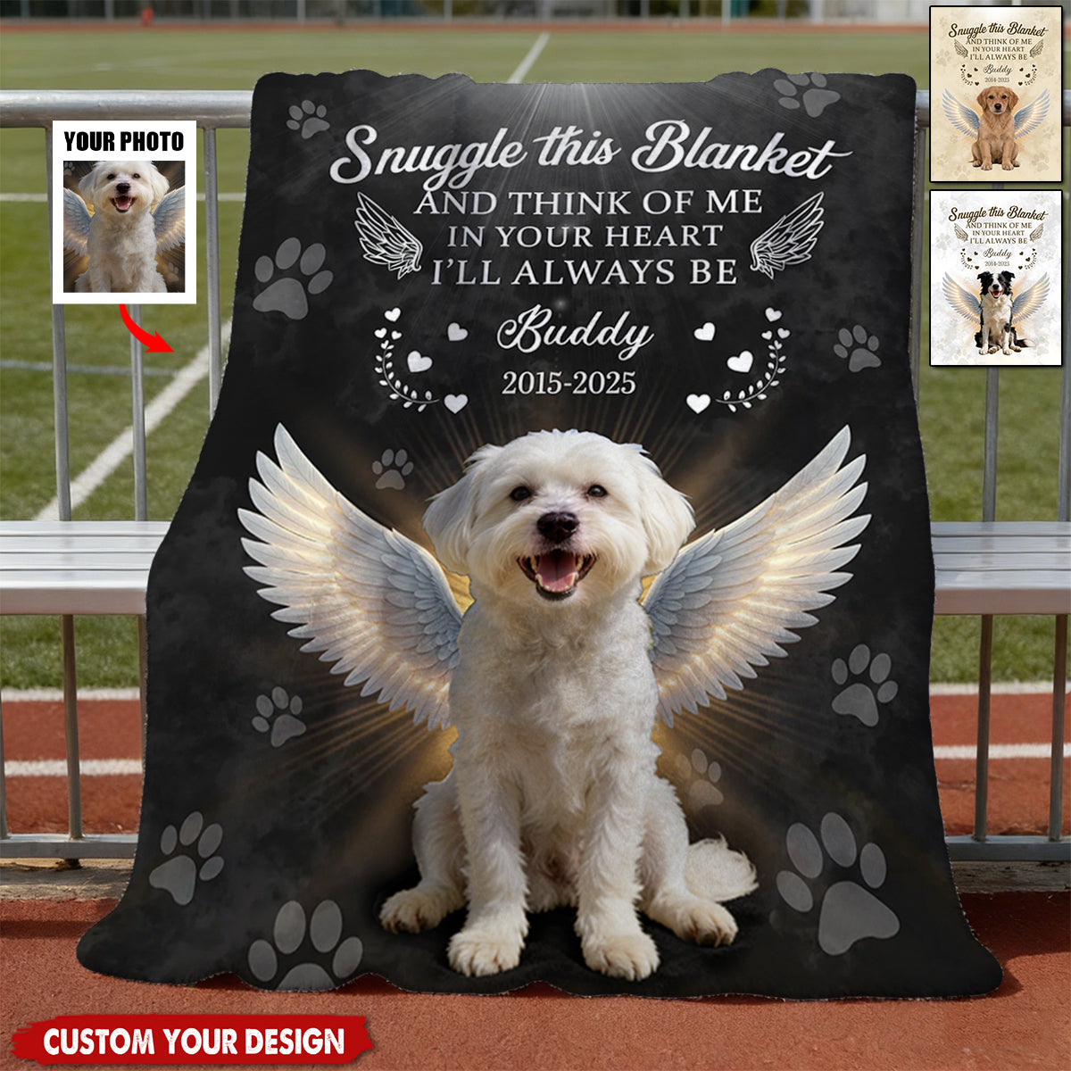 Personalized Angel Dog Memorial Photo Blanket With Pet Name & Year & Photo | "Snuggle This" Quote | Tender Sympathy Gift For Loss of Pet
