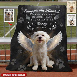 Personalized Angel Dog Memorial Photo Blanket With Pet Name & Year & Photo | "Snuggle This" Quote | Tender Sympathy Gift For Loss of Pet