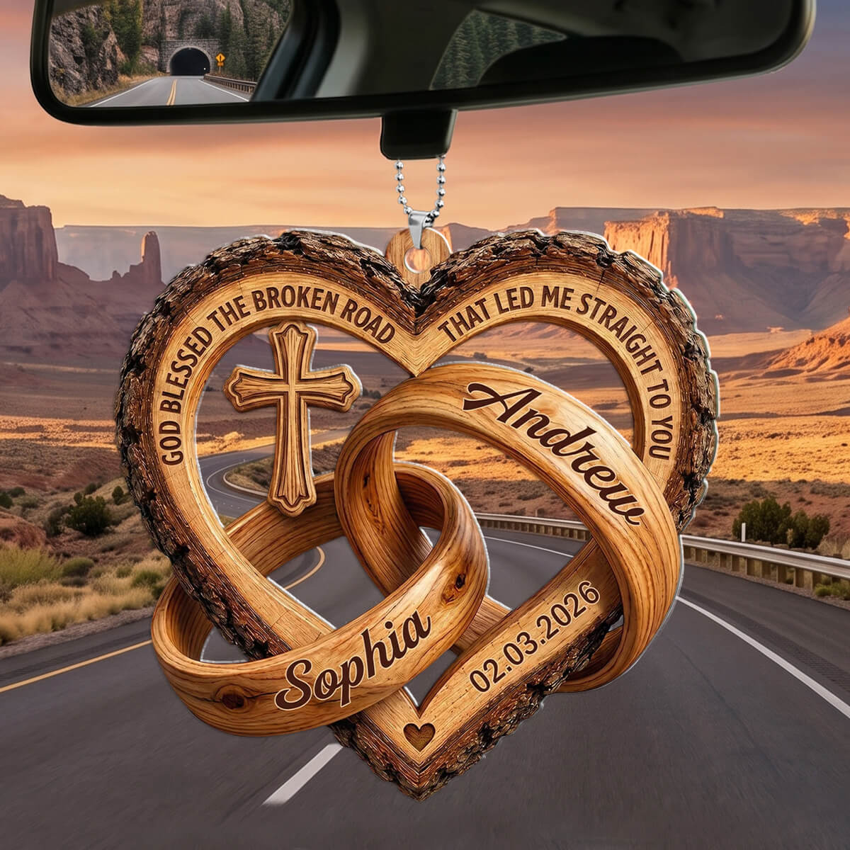 Personalized Name Cross Heart Rings Car Ornament - God Blessed The Broken Road - Gift For Christmas