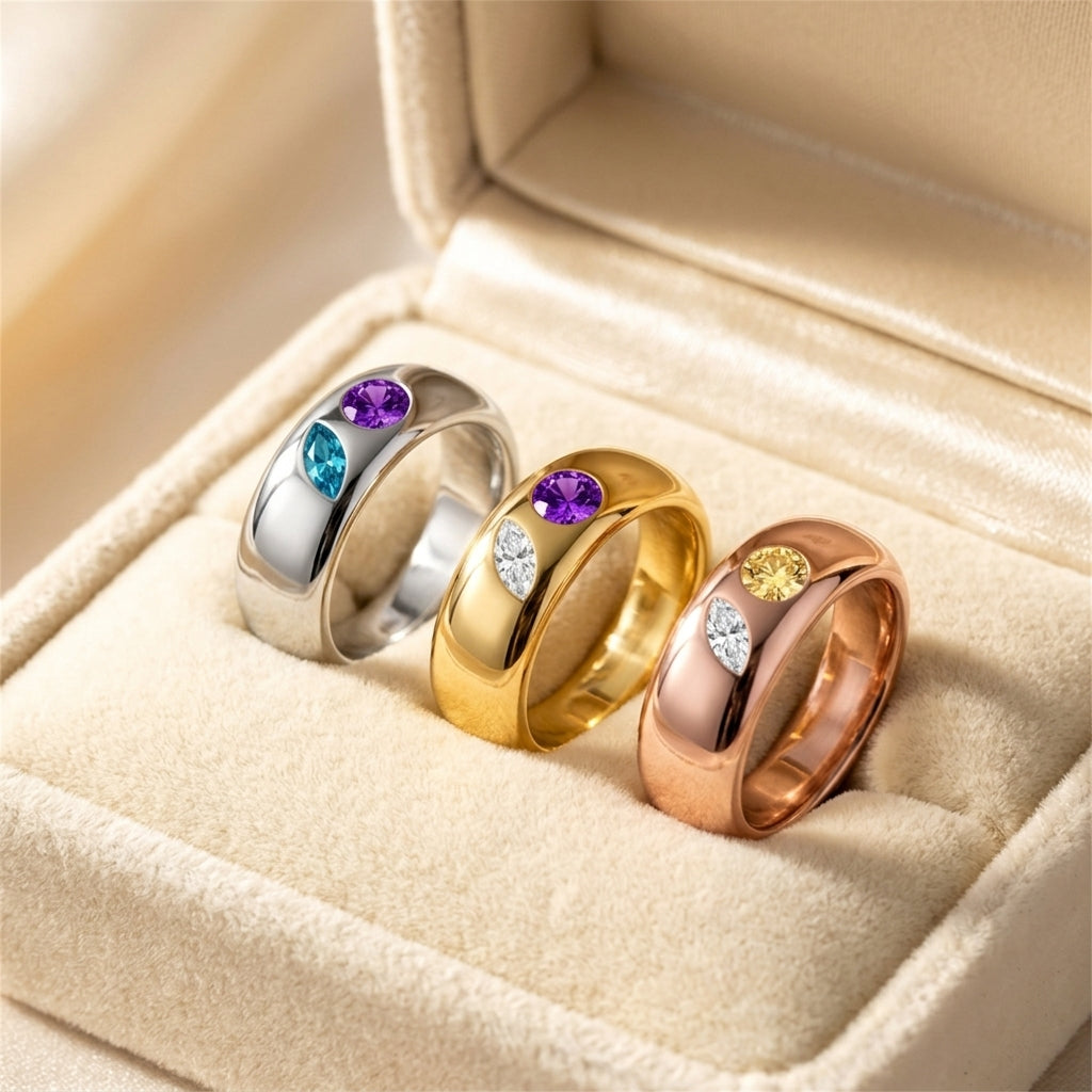 Personalized Double Birthstone Ring With Marquise & Round Gemstone For Birthday Gift