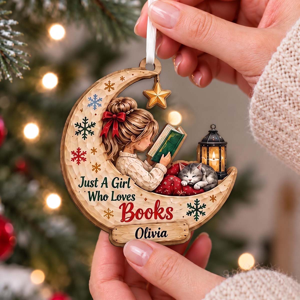 Personalized Girl Reading Book Wooden Ornament With Cat | Book Lover Christmas Tree Gift For Bookworm Girls