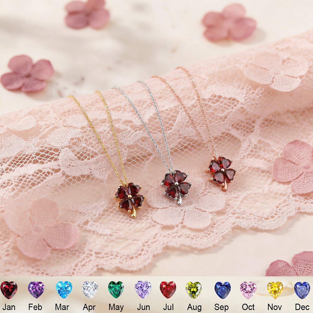 Personalized Lucky Four Leaf Clover Necklace With Heart Birthstone |  Mother's Day Gift For Mom