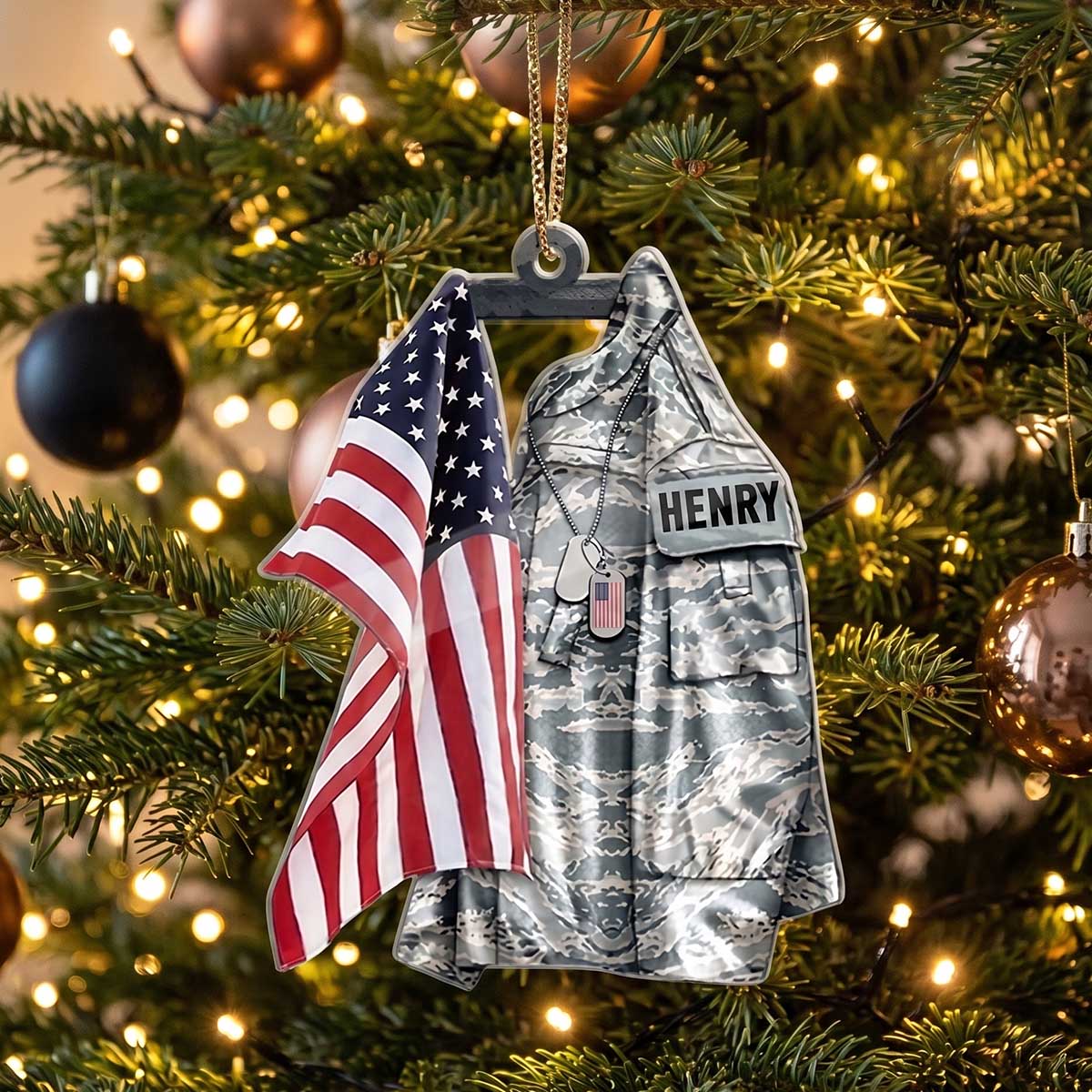 Personalized Military Uniform American Flag Acrylic Ornament | Gift For Veteran Soldier Military Family
