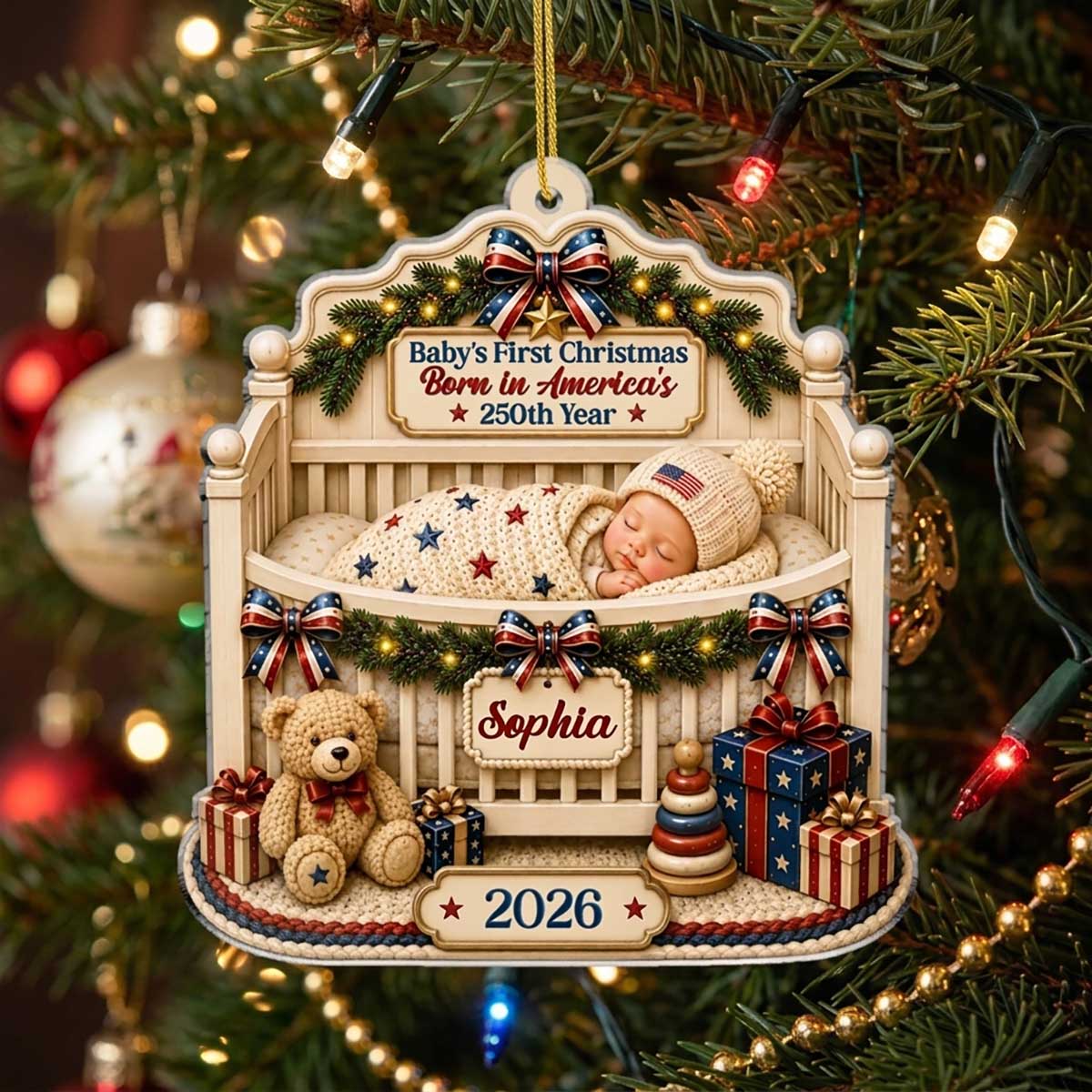 Personalized Baby’s First Christmas Born in America’s 250th Crib Acrylic Ornament - Gift For Family