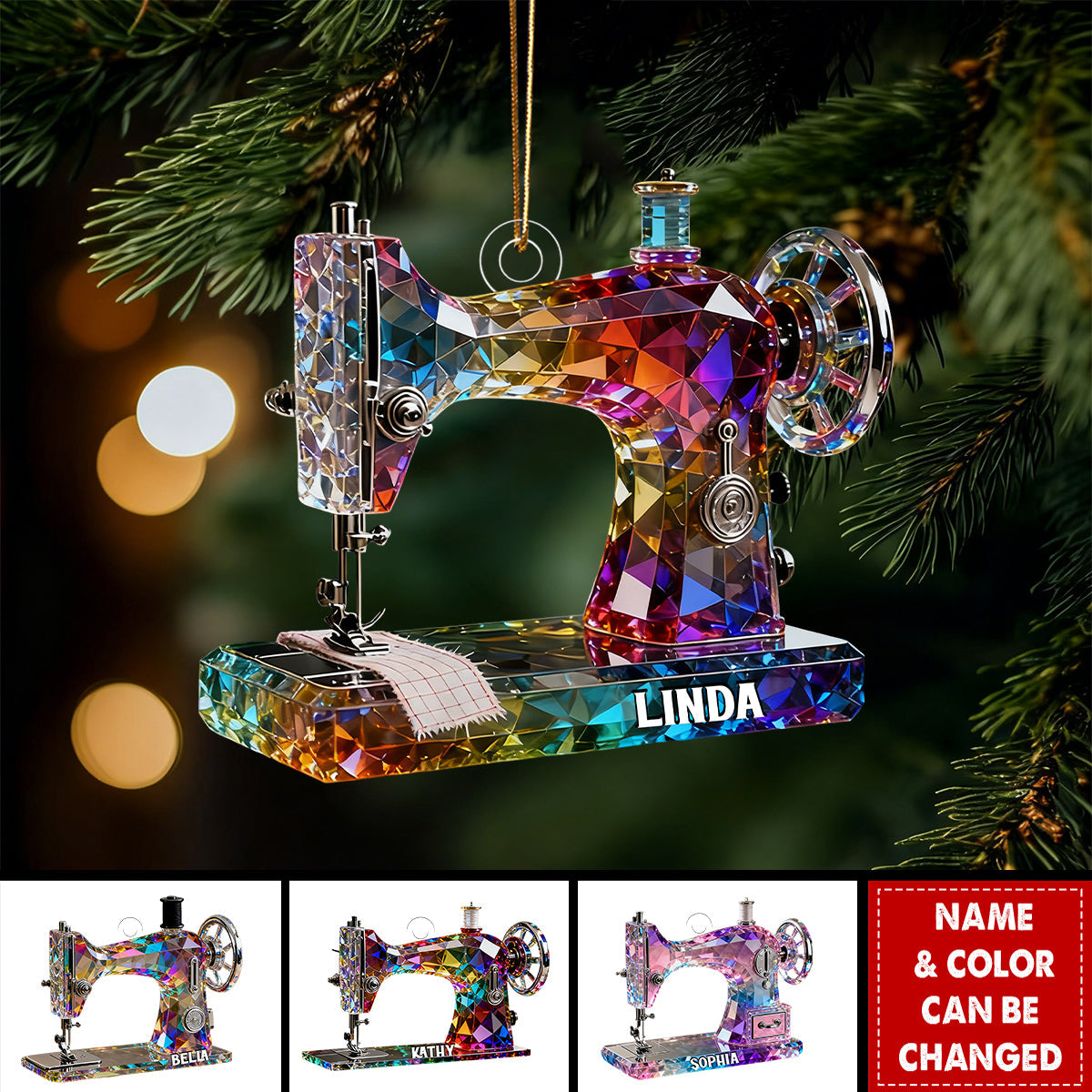 Personalized Stained Glass 3D Effect Sewing Machine Acrylic Ornament With Name - Xmas Birthday Gift For Grandma Mom & Quilters