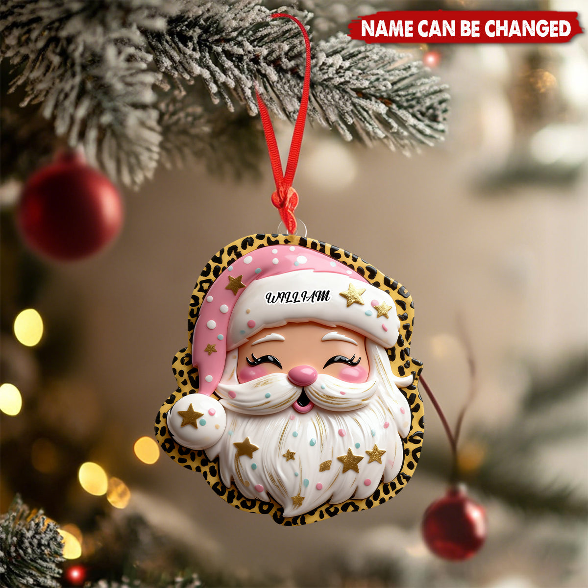 Personalized Cute Pink Leopard Preppy Santa Ornament With Name Exclusive Christmas Magic For Him For Her