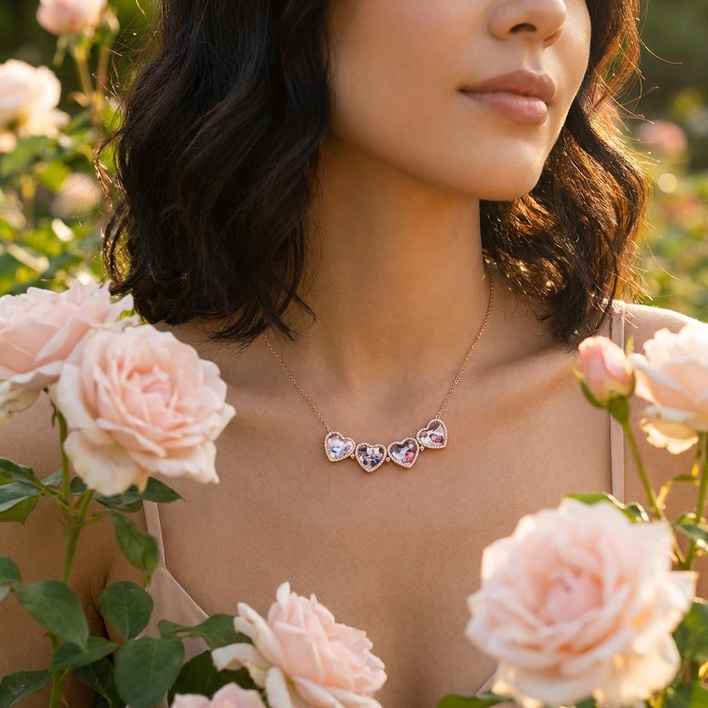 Personalized 4 Heart Leaf Clover Photo Necklace | Birthday Mother's Day Anniversary Gift For Mom Couple