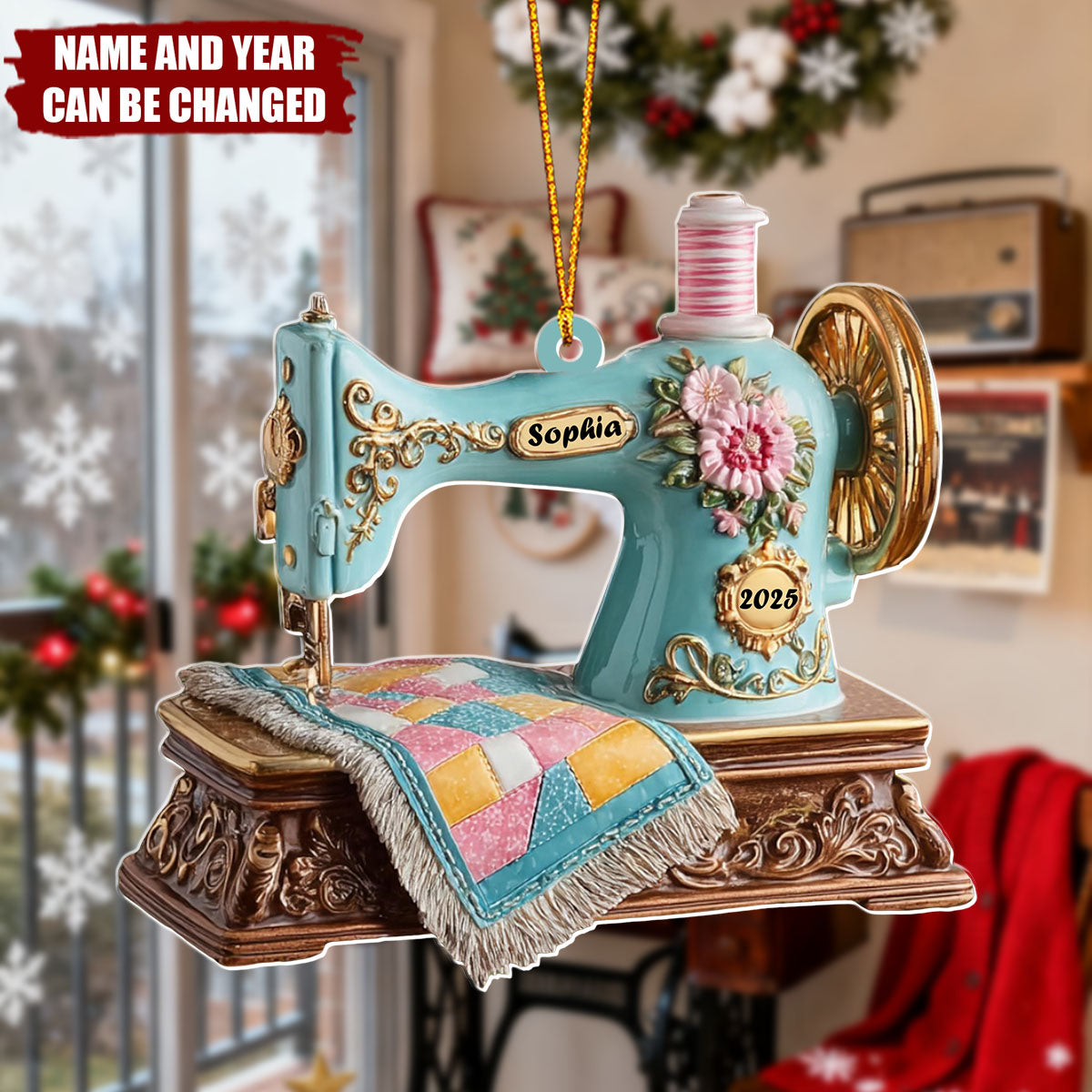 Personalized Vintage Sewing Machine Acrylic Ornament With Name & Year | 3D Effect | Unique Xmas Gift For Sewing Lovers Seamstress Mom & Crafter