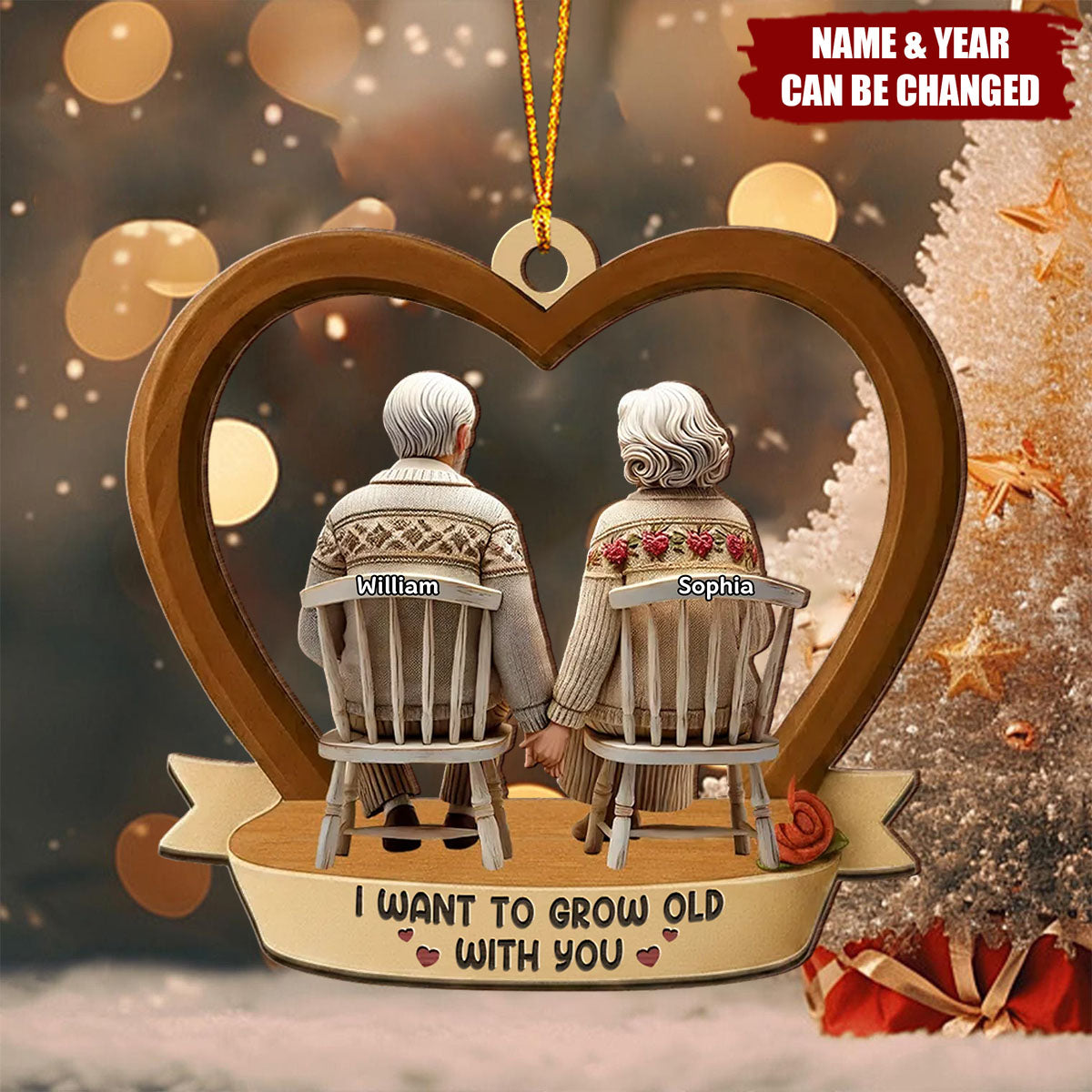 Personalized 3D Effect Back View Old Couple Ornament With Names & Quote & Year | Romantic Wedding Anniversary Xmas Gift For Partner Couple