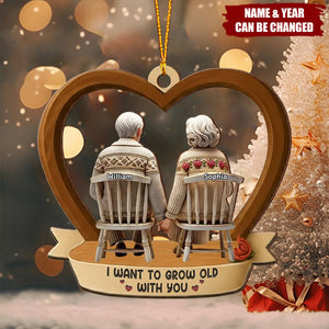 Personalized 3D Effect Back View Old Couple Ornament With Names & Quote & Year | Romantic Wedding Anniversary Xmas Gift For Partner Couple