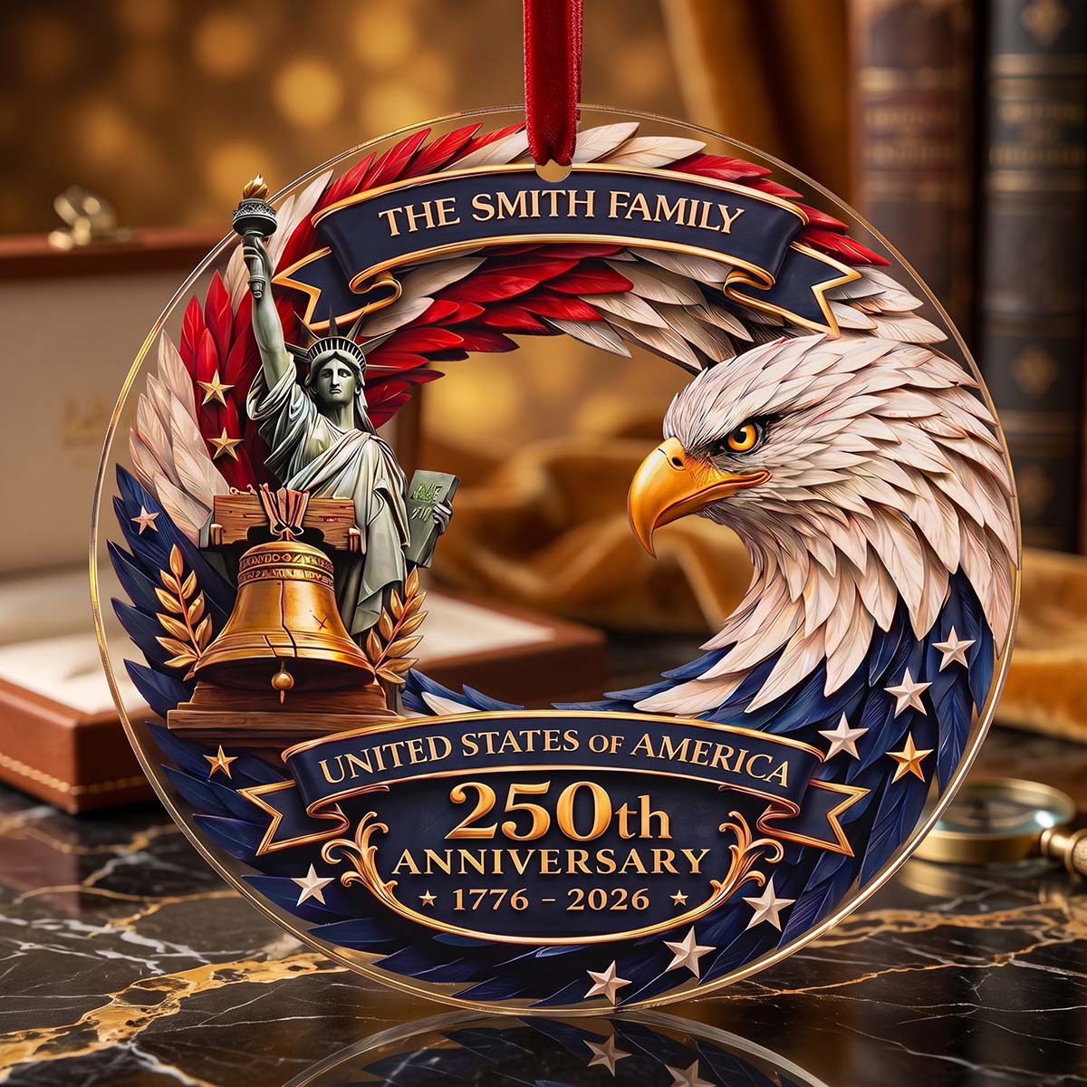 Personalized USA 250th Anniversary Eagle Ornament | Patriotic Family Christmas Gift
