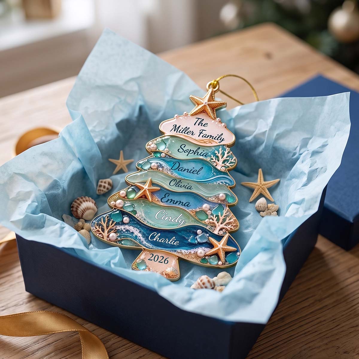 Personalized Coastal Family Name Christmas Acrylic Ornament | Coastal Christmas Keepsake Gift For Family