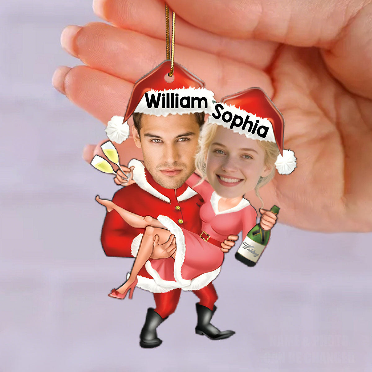 Personalized Christmas Ornament Santa Carrying Miss Claus Celebration With Names & Photo "Love Decor" For Couple Newlyweds