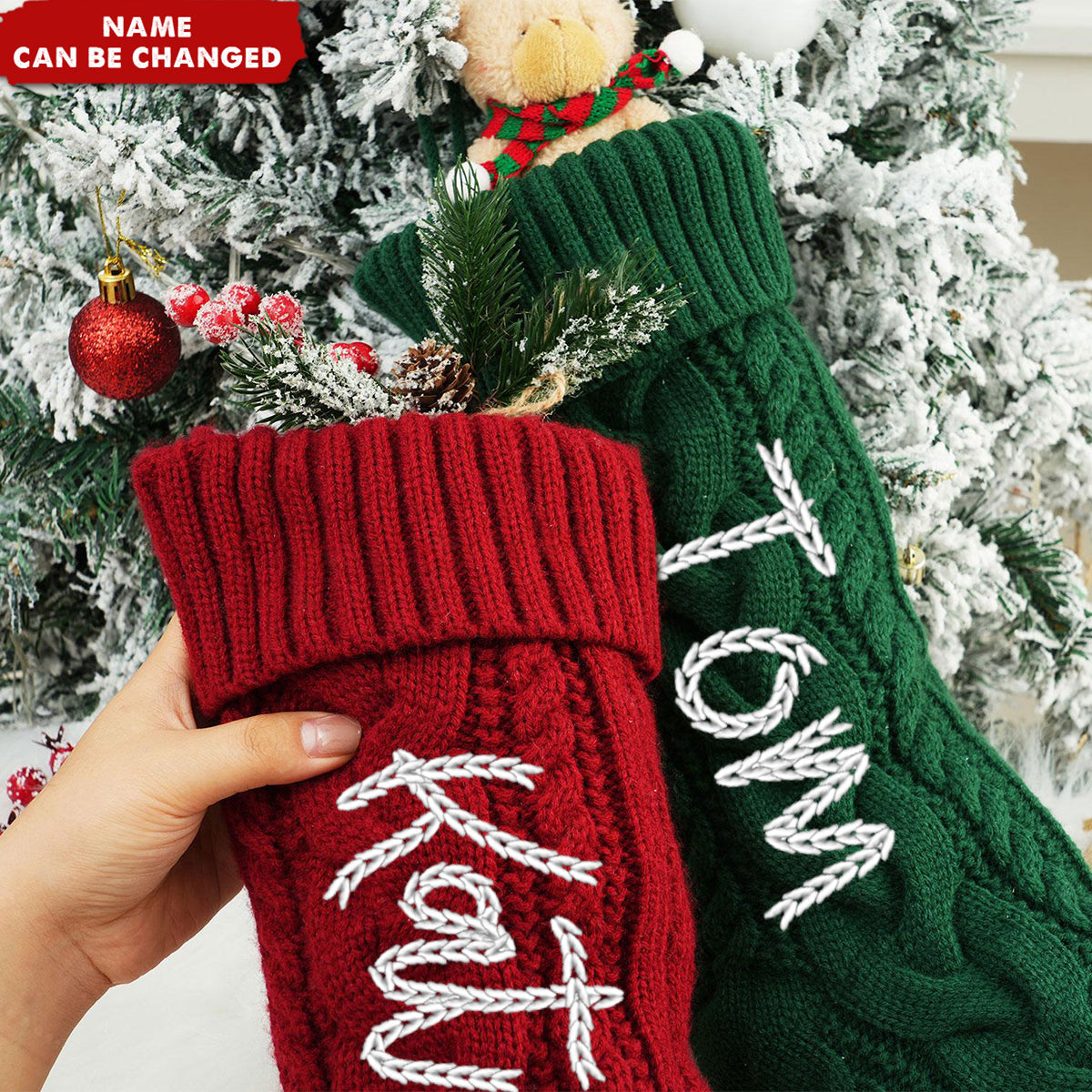 Personalized Christmas Stocking Holiday Greetings - Festive Cable Knit with Custom Name - Family Stocking Stuffer Gift