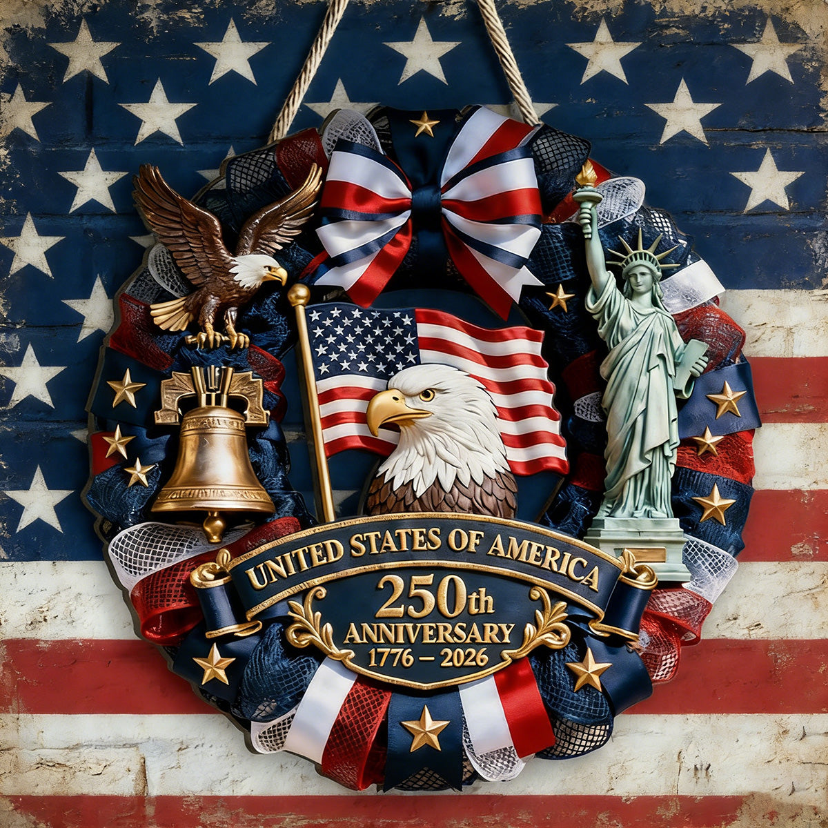 Personalized 250th Anniversary USA Wood Sign With Family Name & Liberty Icons - Historic 2026 Independence Day Decor For Proud Americans