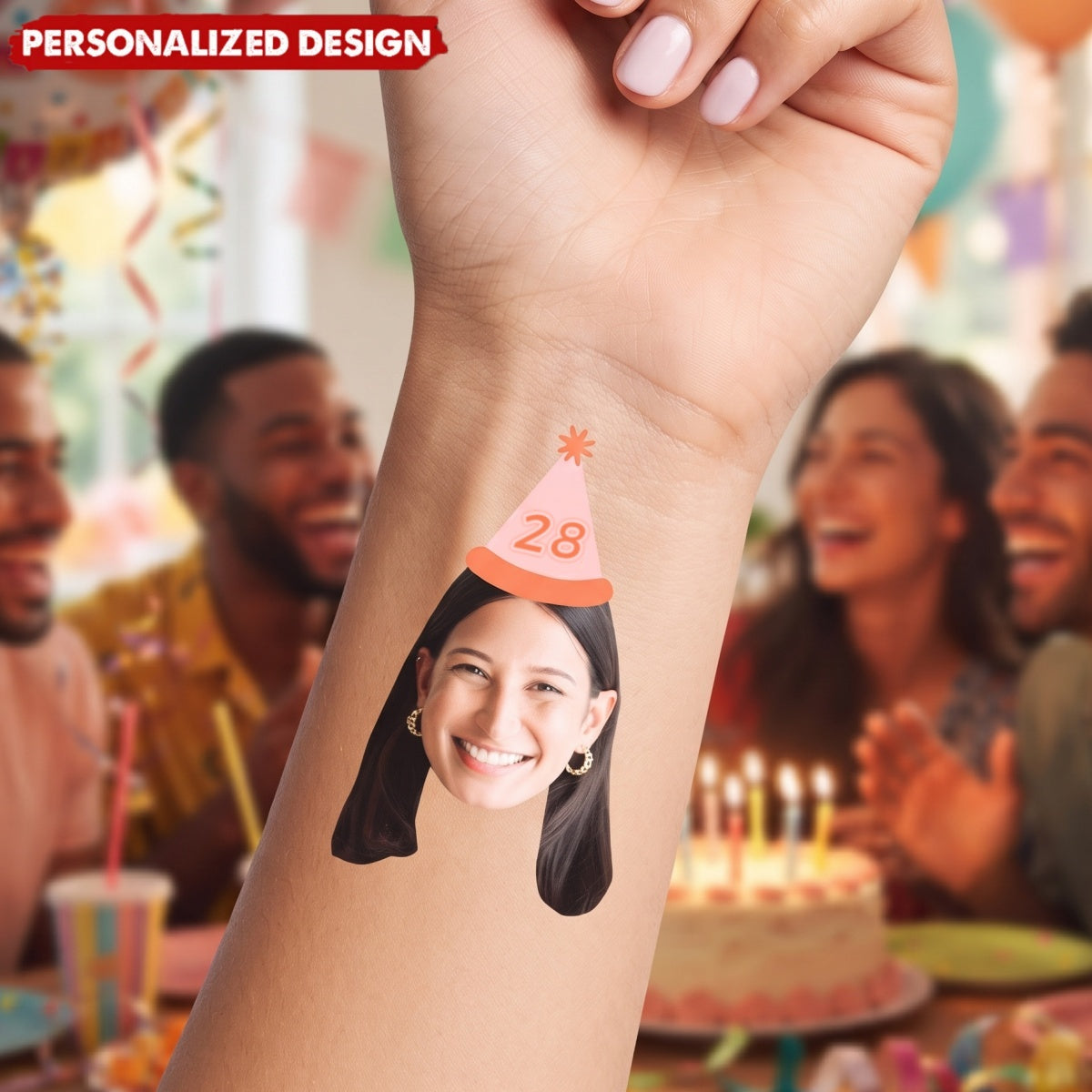 Custom Fun Face Temporary Tattoos With Party Hat & Age - Birthday Party Favors & Gag Gift For Adults