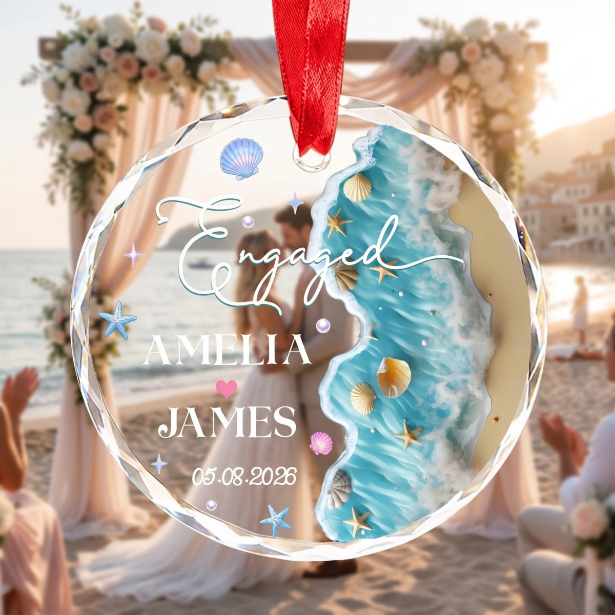 Custom Name & Date Beach Engagement Glass Ornament | Personalized Anniversary Gift For Couple