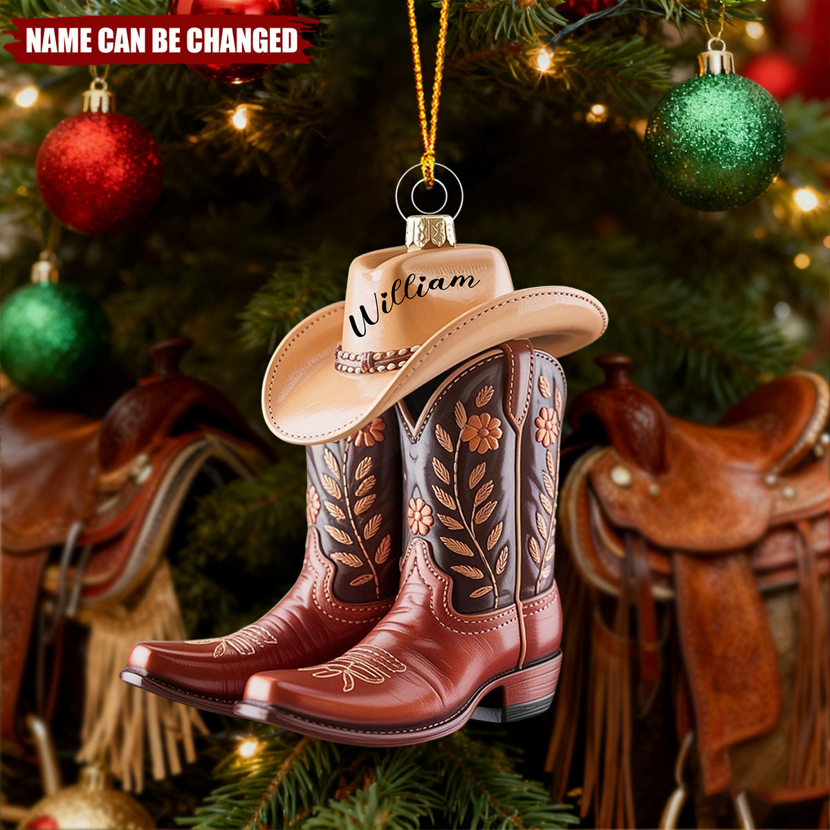 Personalized Cowgirl Cowboy Boots & Hat 3D Effect Ornament With Name Western Style Christmas Decor Birthday Gift For Kids