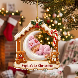 Personalized Baby's 1st Christmas Acrylic Ornament - Sleeping Baby On Moon - Gift For New Parents