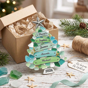 Personalized Sea Glass Style Family Tree Acrylic Ornament 2026 | Coastal Christmas Family Keepsake