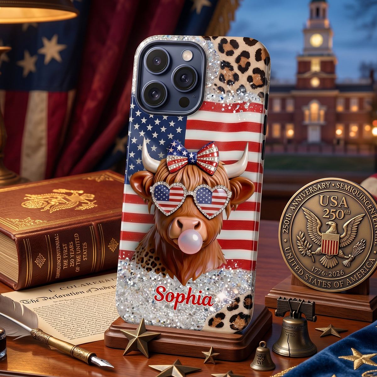 Personalized Highland Cow Phone Case Glitter Leopard | 250th US Anniversary Holiday Gift