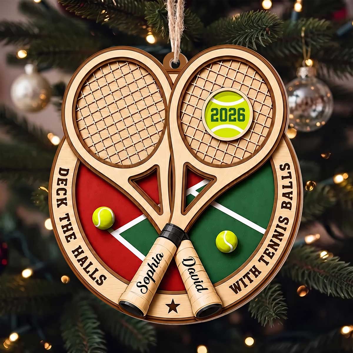 Personalized "Deck The Halls With Tennis Balls" Wood Ornament - Christmas Gift For Tennis Lovers Players Couples