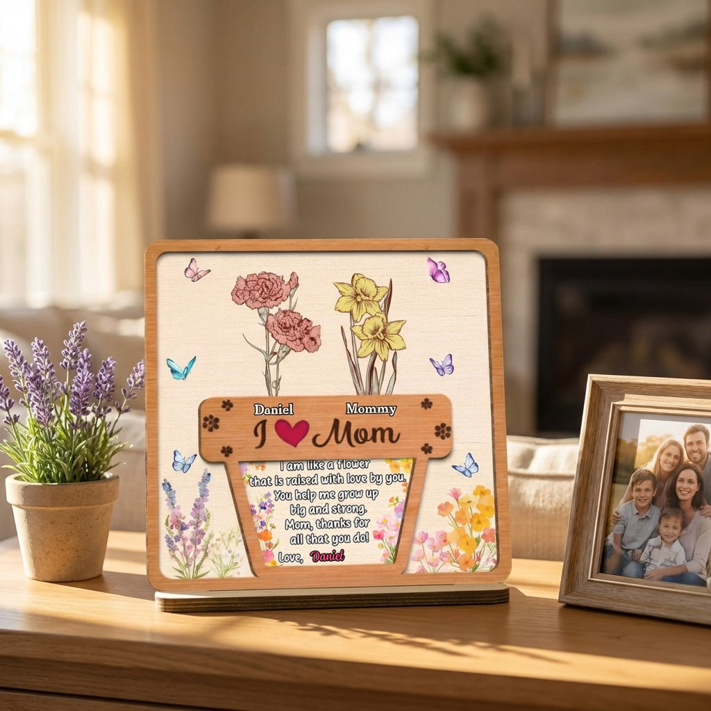 Personalized "Growing Love Flower" 2-Layer Wood Plaque With Names | Mother's Day Gift For Mom Grandma