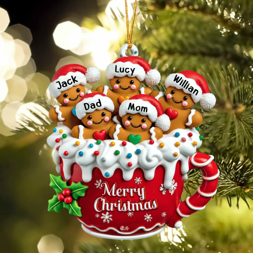 Personalized Gingerbread Family Ornament With 1-10 Names "Put" The Family Into Gingerbread Cups To Welcome Christmas