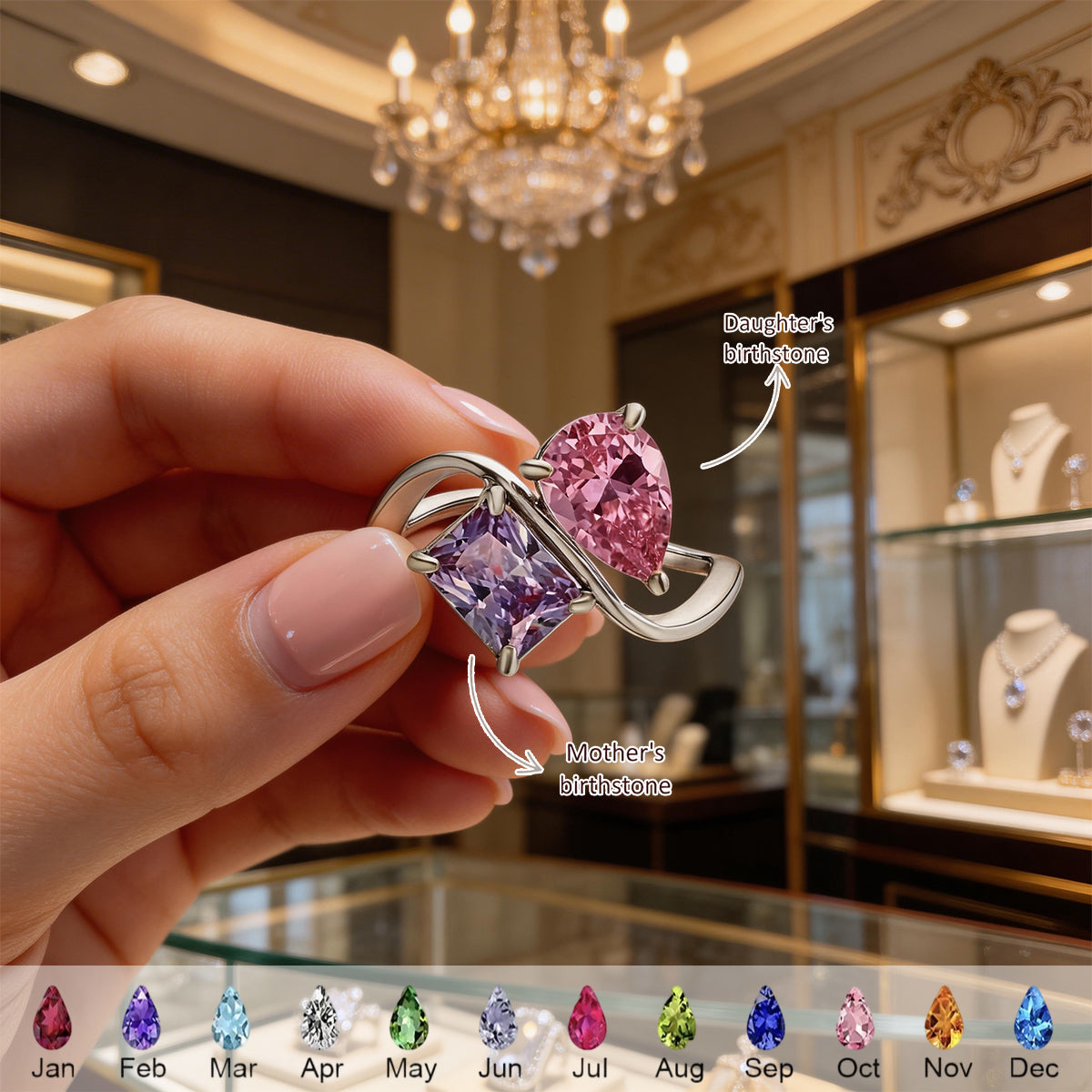 Mother & Daughter Double Birthstones Infinity Bonds Ring
