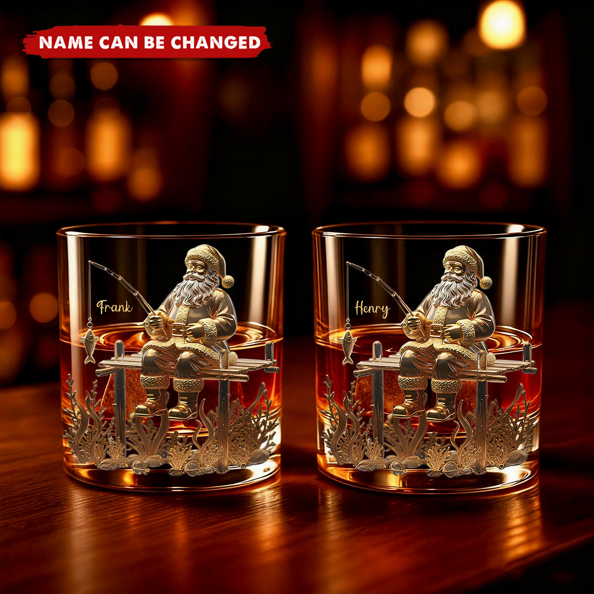 Personalized Santa Claus Fishing Whisky Glass With Name Exclusive Christmas Tipsy Moments For Dad Husband & Friend