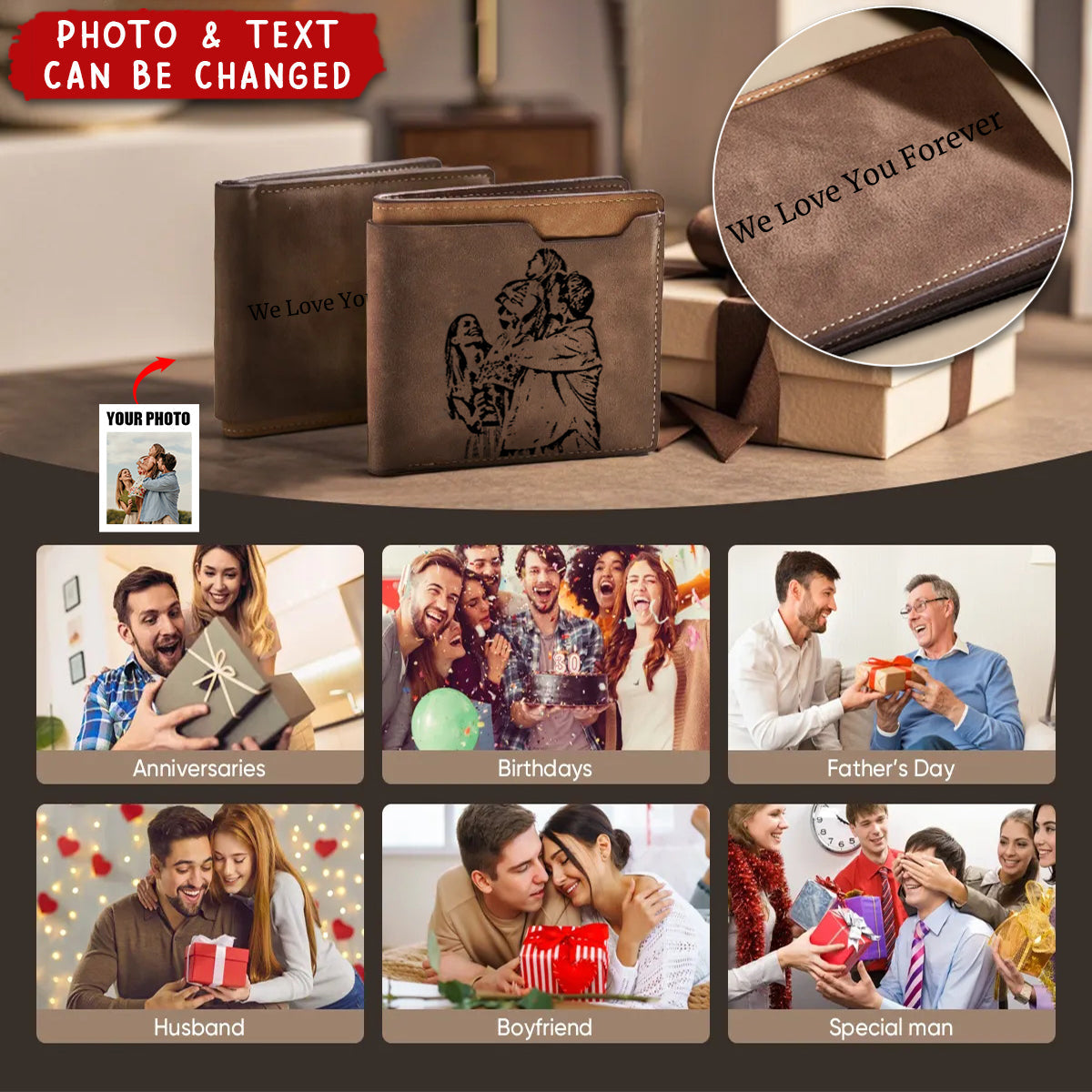 Personalized Engraved Photo Leather Short Wallet For Men Father's Day Gift