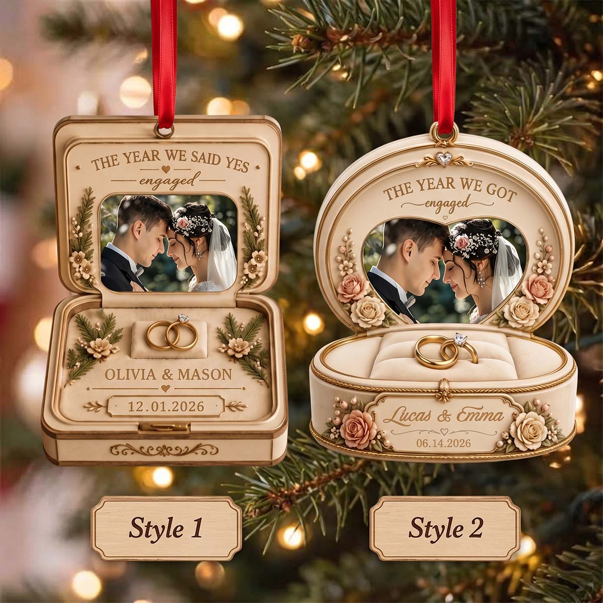 Personalized Engagement Ring Box Acrylic Ornament - Newly Engaged Christmas Tree Gift For Fiancé Fiancée