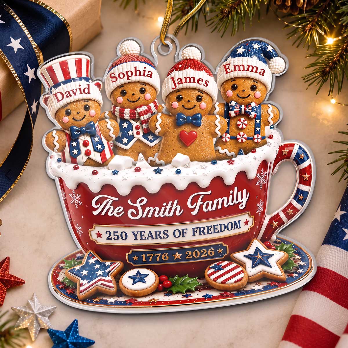 Personalized USA 250th Anniversary Gingerbread Family Cup Acrylic Ornament | Christmas Gifts For Family