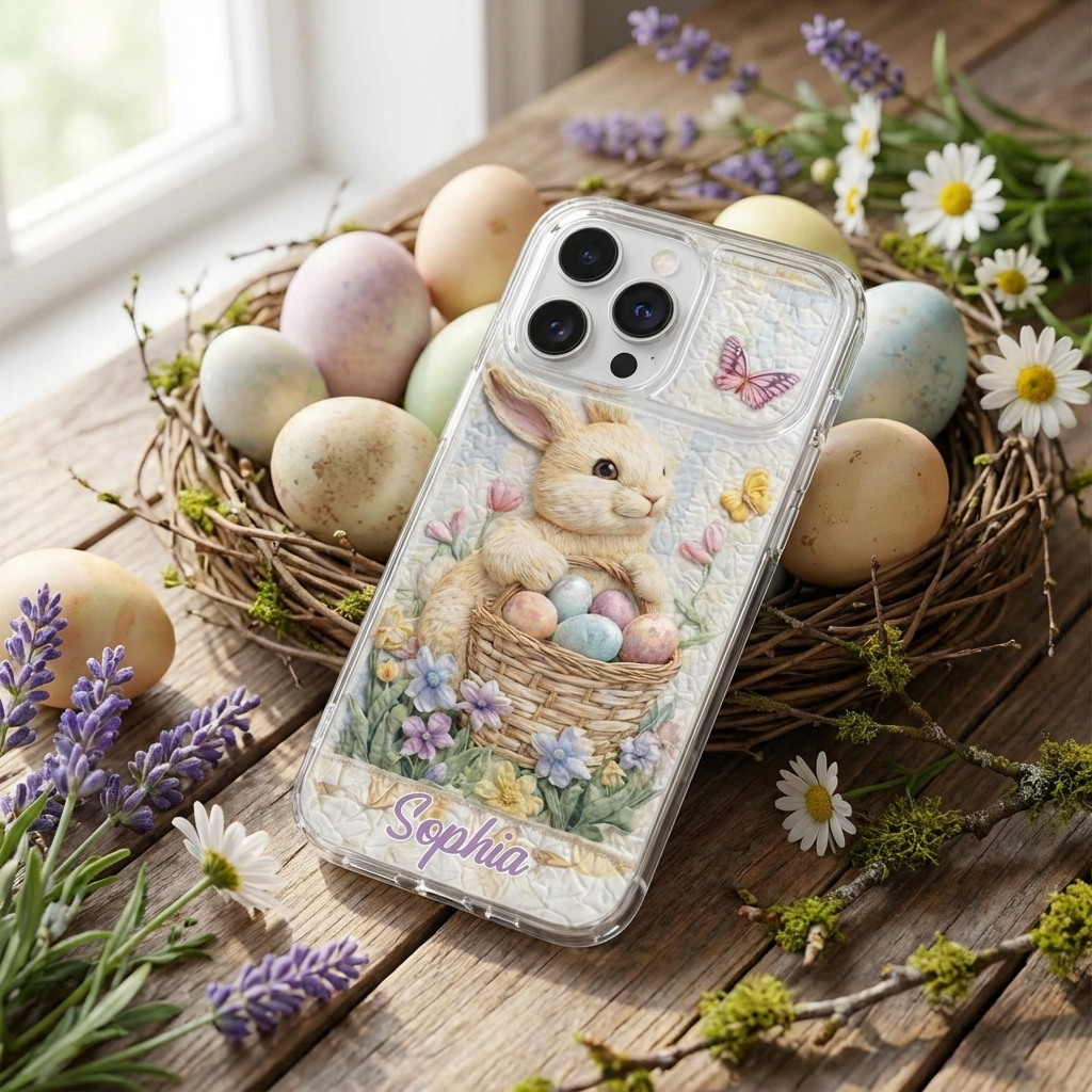 Personalized Cute Bunny Easter Basket Phone Case With Name, Gift For Kids and Bunny Lovers