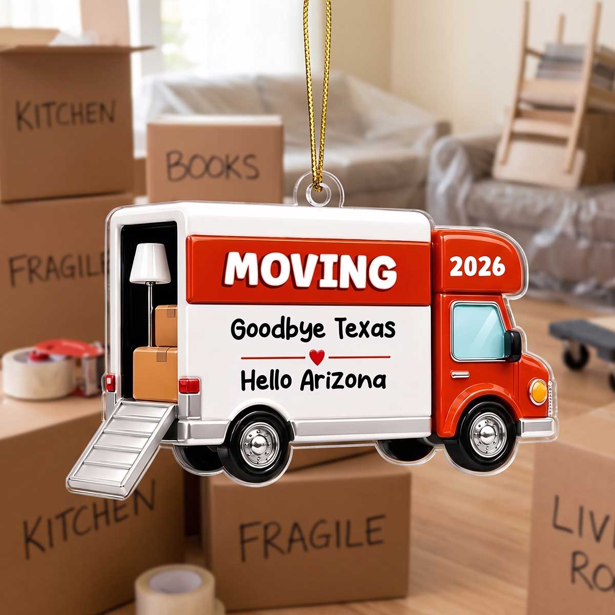 Personalized Red Moving Van Acrylic Ornament | Christmas New Home Decor For Family & Movers