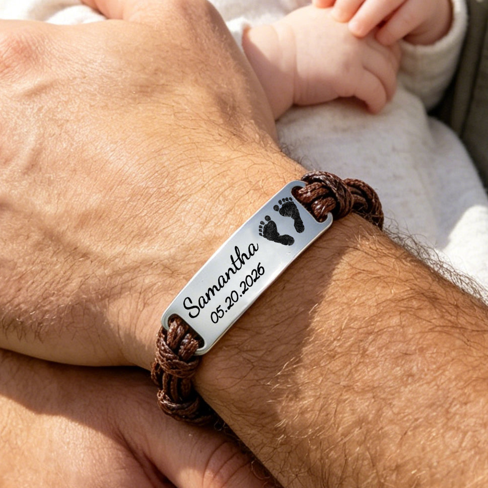 Personalized Infant Footprint Leather Bracelet With Kid Name - Father's Day Gift For First Time Dad
