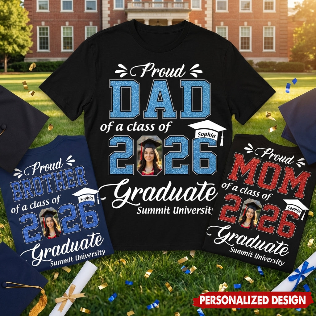 Personalized Proud Family Member Graduation T-Shirt with Photo, Name & School | Exclusive Commemorative Gift for Family