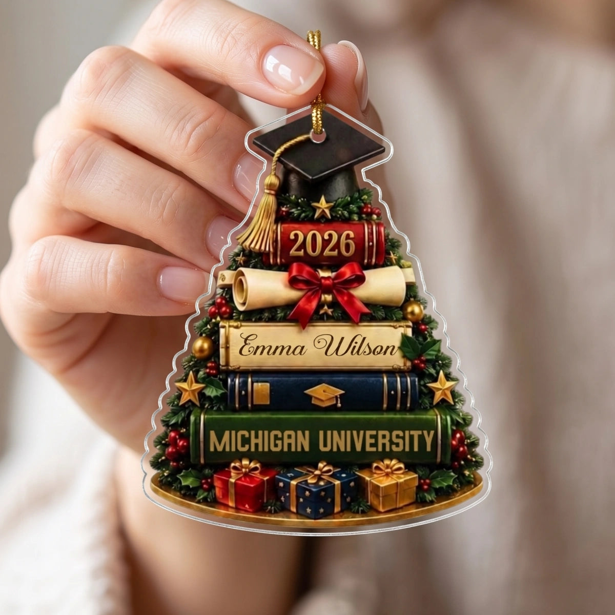 Personalized Graduation Cap With Books Christmas Ornament -  Class Of 2026 Gift