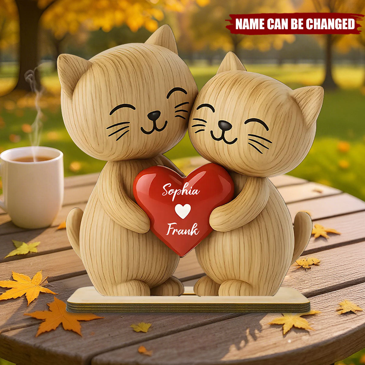 3D Cat Couple Love Personalized Standing Wooden Plaque - Customized Name, Wooden Materials, Perfect for Love Gift & Keepsake, Anniversary