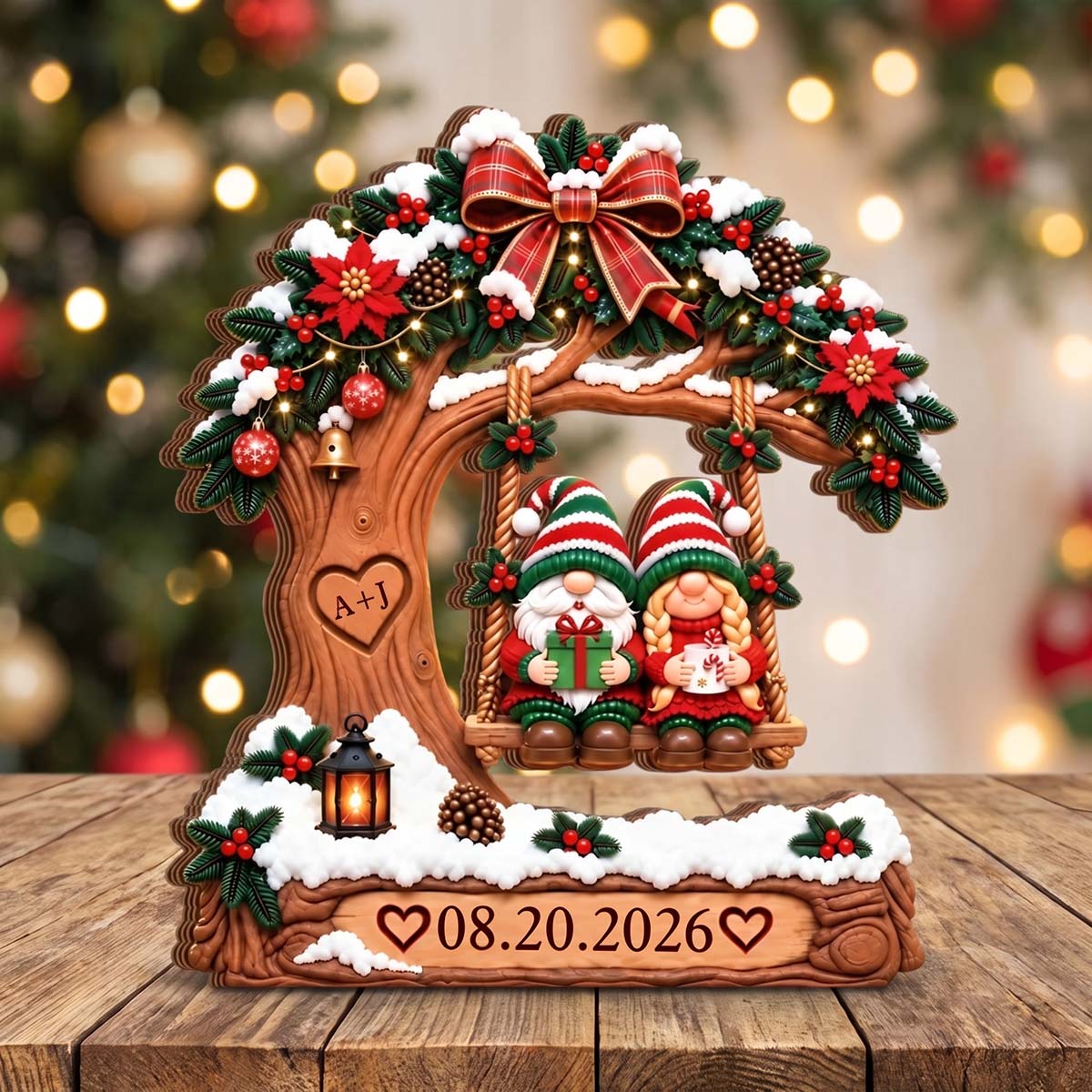 Christmas Couple on Snowy Tree Swing - Personalized Couple Tree Swing Wooden Block For Couple Christmas Anniversary Gift