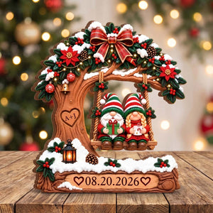 Christmas Couple on Snowy Tree Swing - Personalized Couple Tree Swing Wooden Block For Couple Christmas Anniversary Gift