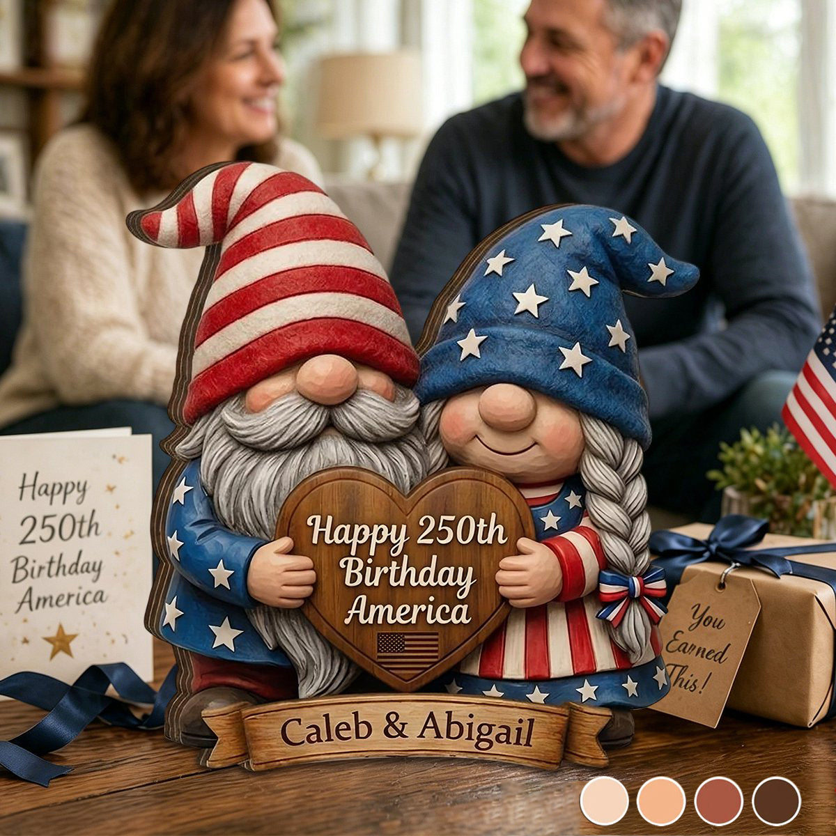 Happy 250th Birthday America - Personalized Custom Patriotic Gnome Couple Wood Block