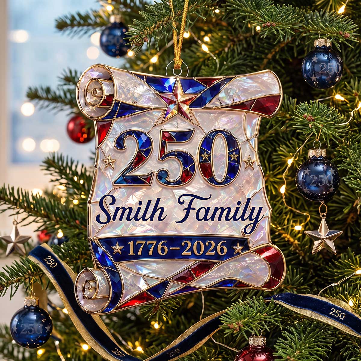 Personalized 1776–2026 Hologram Scroll Acrylic Ornament | American Family Christmas Commemorative Gift