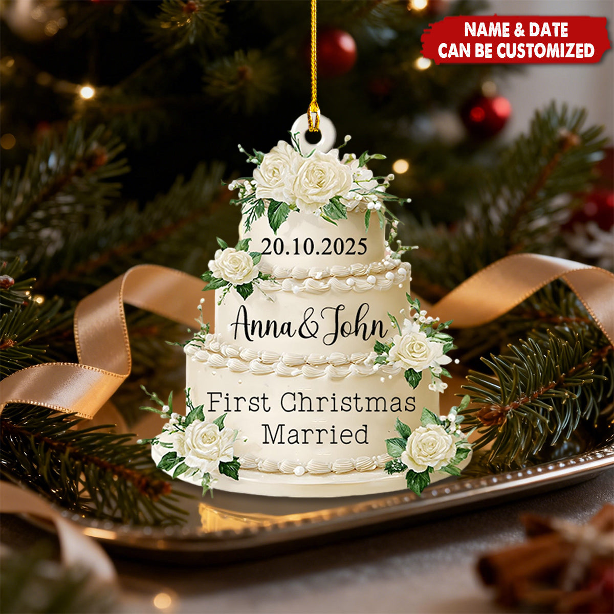 Personalized Wedding Cake "First Christmas Married" Ornament With Names & Date Unique Christmas Anniversaries Gift For Newlyweds And Couple